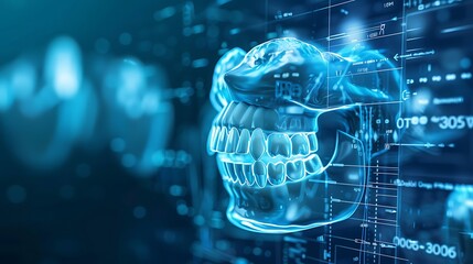 Digital 3D model of a human jaw with teeth, highlighting advanced dental technology and digital modeling.
