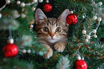 Playful Tabby Cat Climbing Through Decorated Xmas Pine Branches: An Indoor Celebration of Christmas Cheer