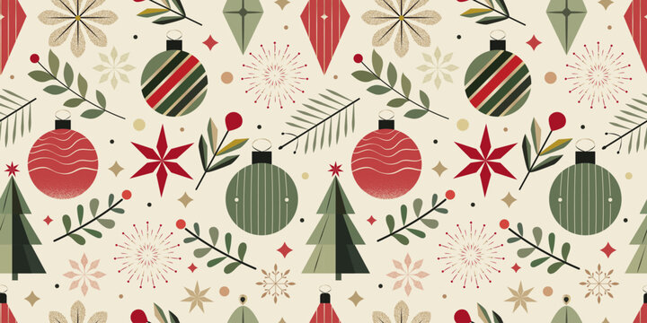 Seamless Christmas Pattern &ndash; Flat-Style Vector Design with Festive Ornaments, Leaves, and Stars on a Light Background. Ideal for Holiday Gift Wrapping, Seasonal Decor, and Digital Projects