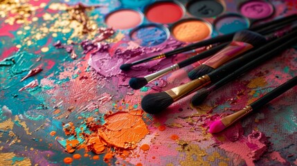 Fototapeta premium Colorful Makeup Tools and Pigments on a Vibrant Surface for Art and Beauty