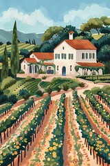 Beautiful vineyard painting with rows of grapevines and a rustic farmhouse