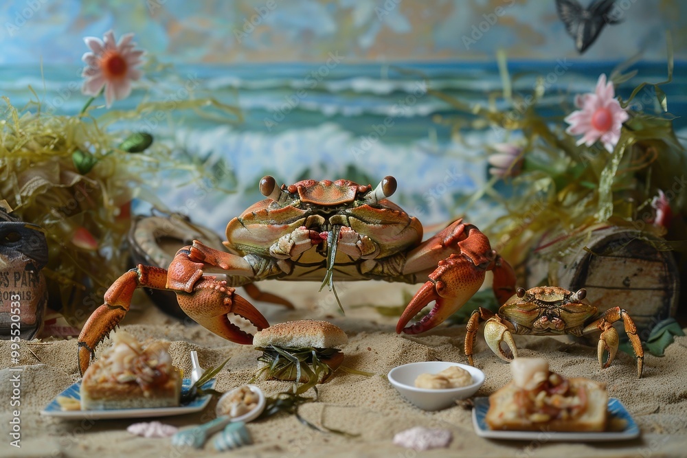 Poster crabs enjoying a beach picnic on a sandy shore with ocean waves in the background during a sunny day
