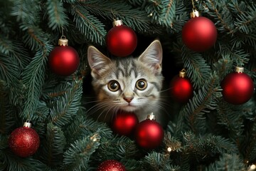 Adorable Tabby Kitten Peeking Through Christmas Tree Ornaments: A Close-Up of Furry Holiday Mischief