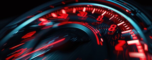 Close up of a speedometer needle moving towards the red zone, symbolizing speed, acceleration, and performance.