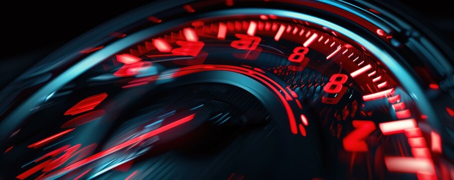 Close up of a speedometer needle moving towards the red zone, symbolizing speed, acceleration, and performance.