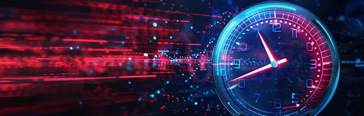 A clock with glowing blue and red hands floating in front of a colorful digital abstract background. Conceptual illustration of time, speed, and technology.