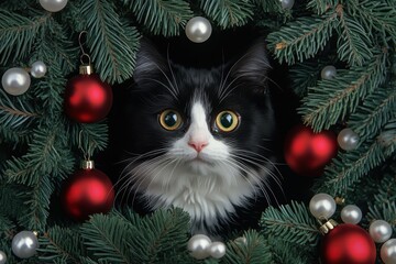 Adorable Tuxedo Kitten Peeking Through Christmas Tree Ornaments: A Cozy Close-Up of Holiday Cheer