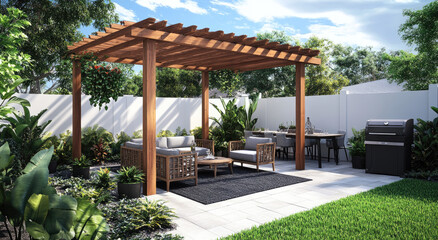 Naklejka premium an outdoor area with a wooden pergola, white walls, and light gray furniture set up in the backyard of a home