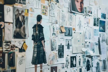 Fashion designer reviewing sketches and designs for a new collection at an art studio during a creative brainstorming session in the late afternoon