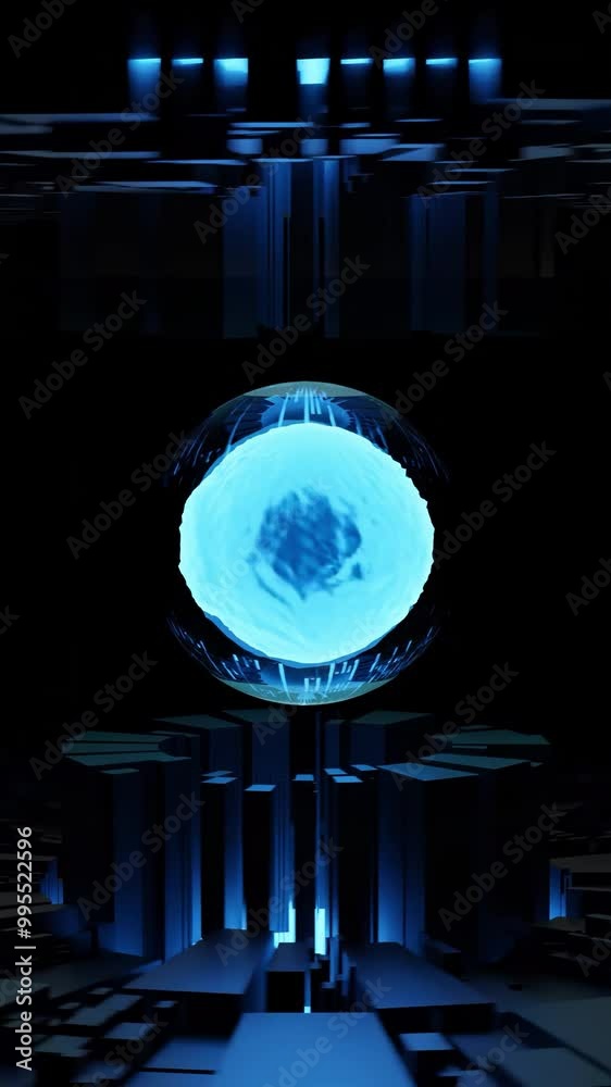 Wall mural abstract spinning mechanism with a glowing energy sphere in the middle, seamless loop. design. elect