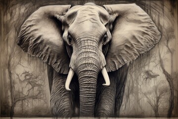 A detailed illustration of an elephant in a forest setting.