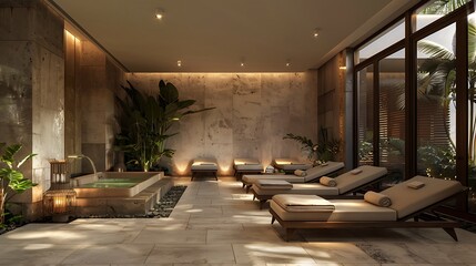 Modern spa interior designed ultimate relaxation with hot tub comfortable loungers  natural elements for peaceful wellness retreat concept.