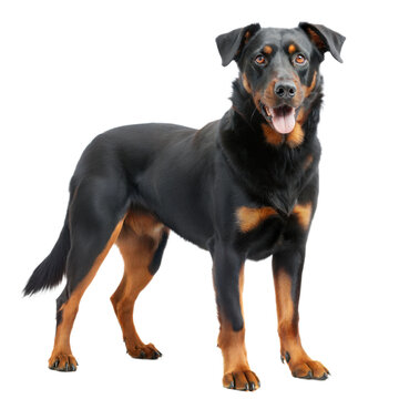 Playful black and tan beauceron dog standing confidently, isolated on a transparent or white background.