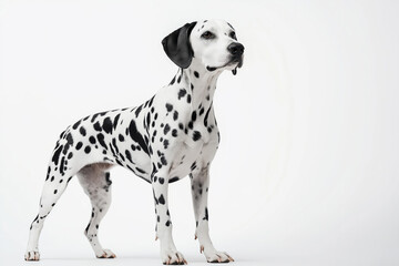 A black and white dog with white spots stands in front of a white background