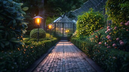 Obraz premium Serene Garden Pathway at Night with Lush Greenery and Glowing Lanterns