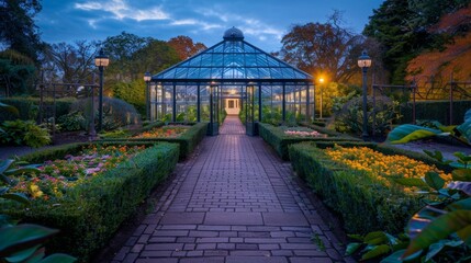 Fototapeta premium Beautiful garden pathway leading to a glass greenhouse at dusk, surrounded by colorful flowers and soft glowing lights.