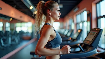 Fototapeta premium the young girl in the gym is on the treadmill
