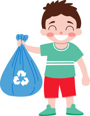 Illustration of happy boy holding recycling bag