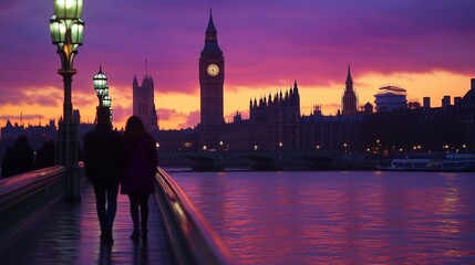 Obraz premium Enjoy a stunning London sunset at Big Ben, with couples by the Thames and glowing historic architecture.