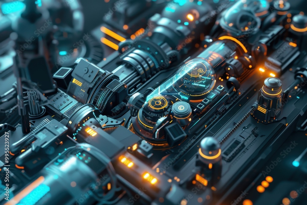 Poster A futuristic and intricately designed mechanical engine with glowing orange lights and transparent components, showcasing advanced technology in a high-tech workshop