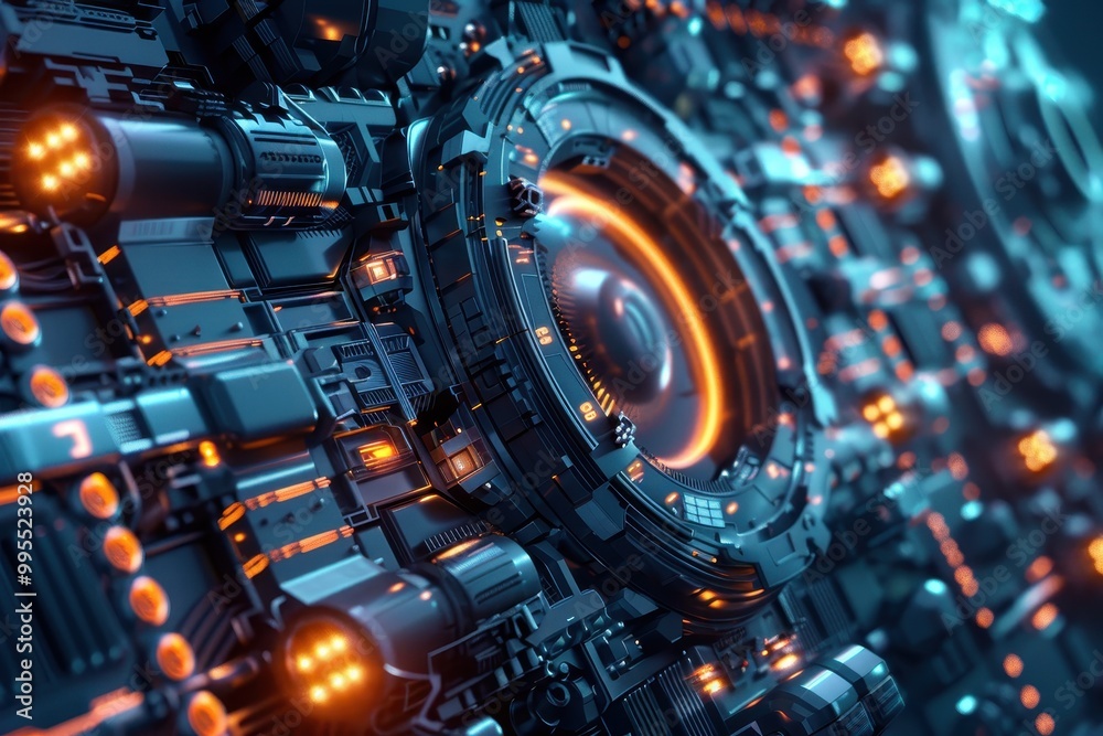 Leinwandbilder A futuristic and intricately designed mechanical engine with glowing orange lights and transparent components, showcasing advanced technology in a high-tech workshop