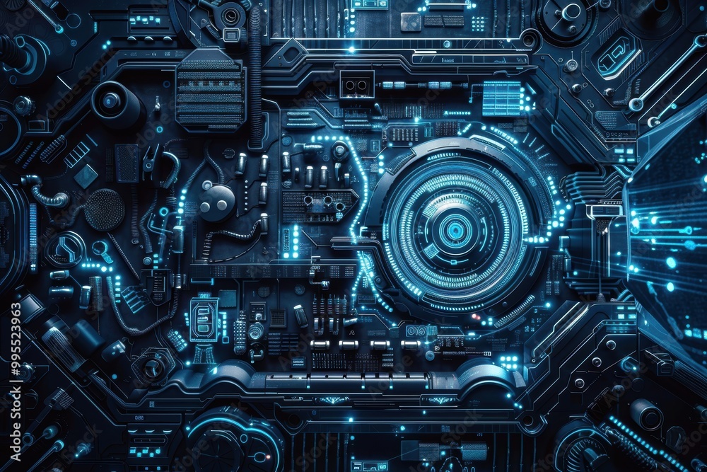 Poster a futuristic and intricately designed mechanical engine with glowing orange lights and transparent c