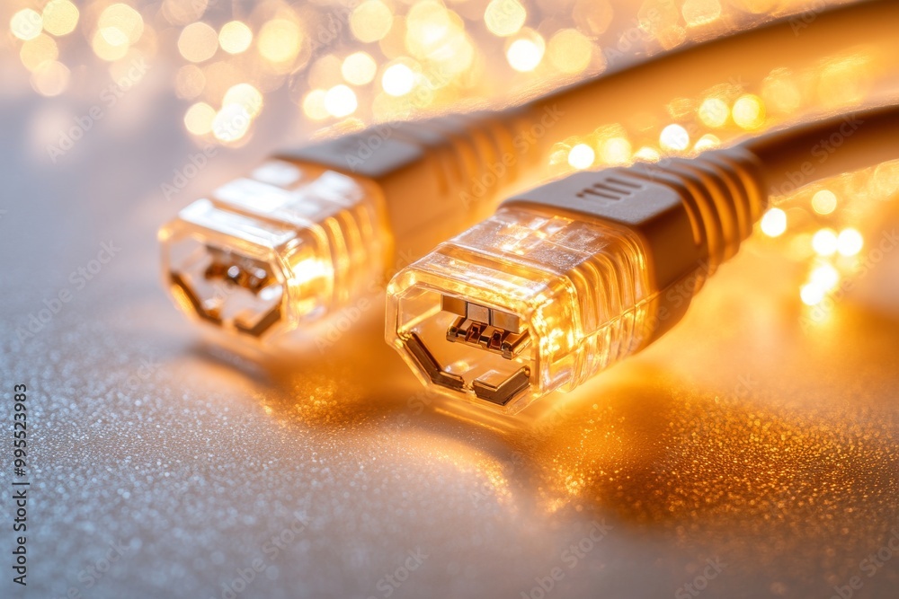 Sticker Golden fiber optic cable with illuminated tips symbolizing advanced high speed data transfer and glowing telecommunication infrastructure technology