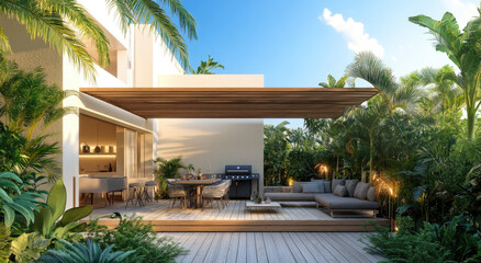 an outdoor dining area with seating and lighting, set against the backdrop of a modern garden or patio