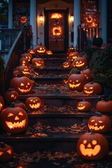 Obraz premium Spooky fog and eerie lanterns make for a chilling Halloween experience