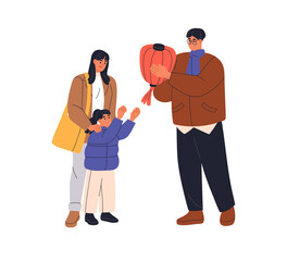 Asian family holding traditional red paper lantern, Chinese New Year celebration. Parents and kid with festive lamp, celebrating light festival. Flat vector illustration isolated on white background