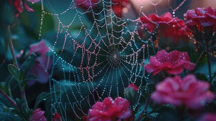 A close-up of a dewdrop-covered spider web between flowers.