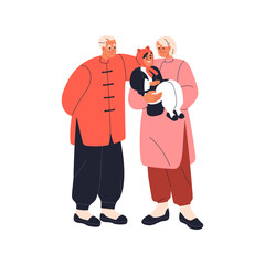 Chinese grandparents, child. Elderly senior grandma, grandpa hold girl, caring for kid. Happy Asian family relationship, old generation support. Flat vector illustration isolated on white background