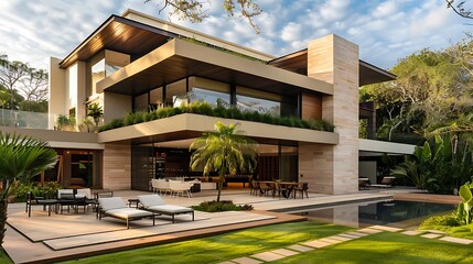 Fototapeta premium Modern house exterior with garden and beautiful landscaping
