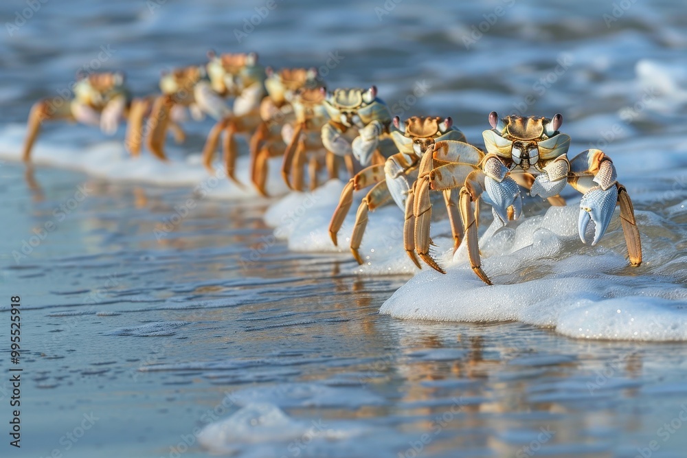 Poster A group of colorful crabs scuttling along a sandy beach during low tide with gentle waves lapping at the shore under clear skies