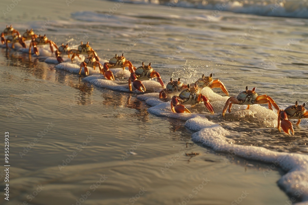 Poster a group of colorful crabs scuttling along a sandy beach during low tide with gentle waves lapping at