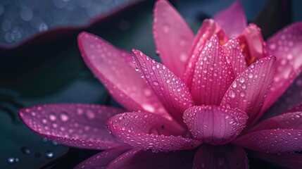 A close-up of a pink lotus flower with water droplets.