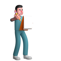 Professional Male in 3D - Nurse. A male nurse is standing with his right hand holding a large pencil while his left hand holds a notebook. Cartoon Illustration