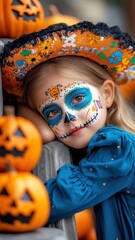 Playful girl in ghost costume peeking from behind tombstone.