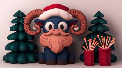 Cute Cartoon Goat Wearing Santa Hat with Christmas Trees
