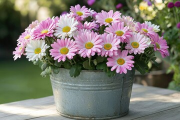 Pink and White Daisies in a Rustic Metal Bucket