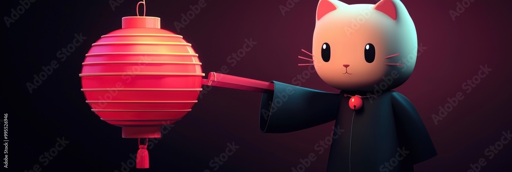 Poster Cute Cat Holding a Red Lantern