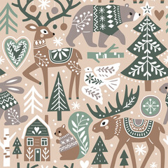 Seamless vector pattern with cute woodland animals, woods and snowflakes. Nordic forest illustration. EPS 10 vector file. Perfect for textile, wallpaper or print design.