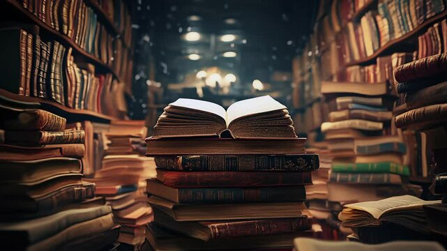 stack of books with rows of bookshelfs in library paper old archive education retro concept animation video loop