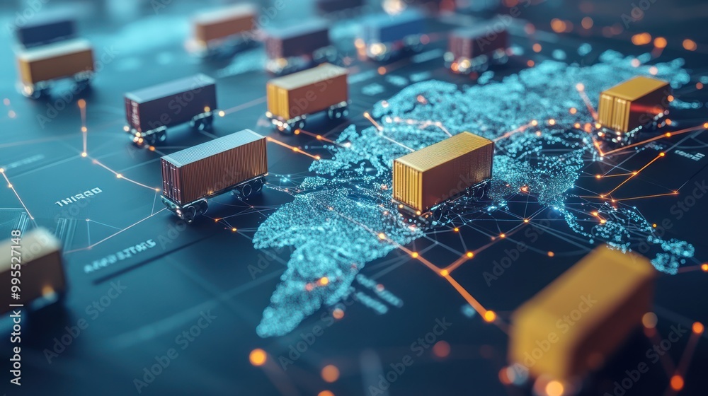 Wall mural a futuristic port where every shipping container is tracked using blockchain technology, with glowin