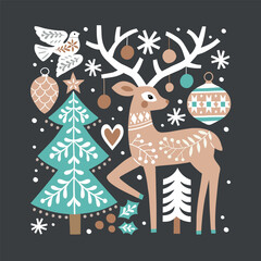 Scandinavian Christmas illustration with cute woodland deer, woods and snowflakes. Hand drawn Nordic forest illustration. Perfect for tee shirt logo, greeting card, poster or print design.
