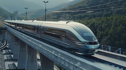 Naklejka premium Modern high-speed train traverses a scenic mountain landscape, showcasing the power and speed of modern transportation.