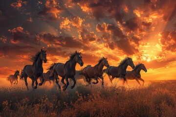 Herd of horses galloping through a sunlit meadow during golden hour, showcasing the beauty of nature and equine movement in a vibrant landscape