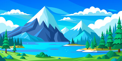 A beautiful lake with mountain and blue sky and white clouds