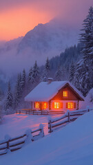 Fototapeta premium Cabin nestled in snow with sunset glow