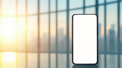 Transparent smartphone screen on glass table with sunlight and blurred cityscape in background